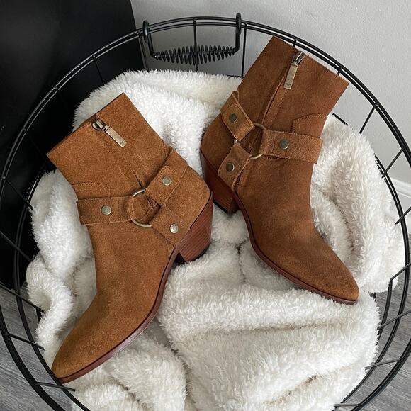 Authentic Saint Laurent Brown Suede Leather Harness Pointed Ankle Boots - Picture 6 of 7